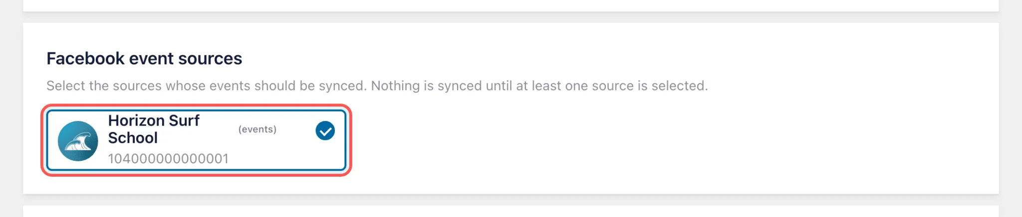 Facebook event sources list with the Horizon Surf School events source selected and highlighted