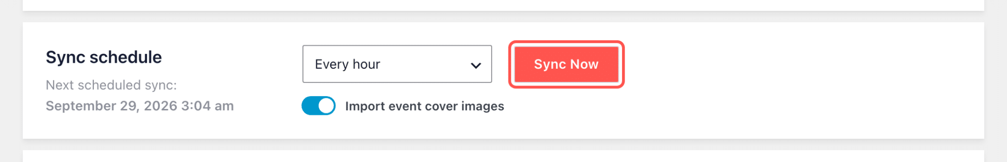 Sync schedule set to Every hour with Import event cover images switched on and the Sync Now button highlighted