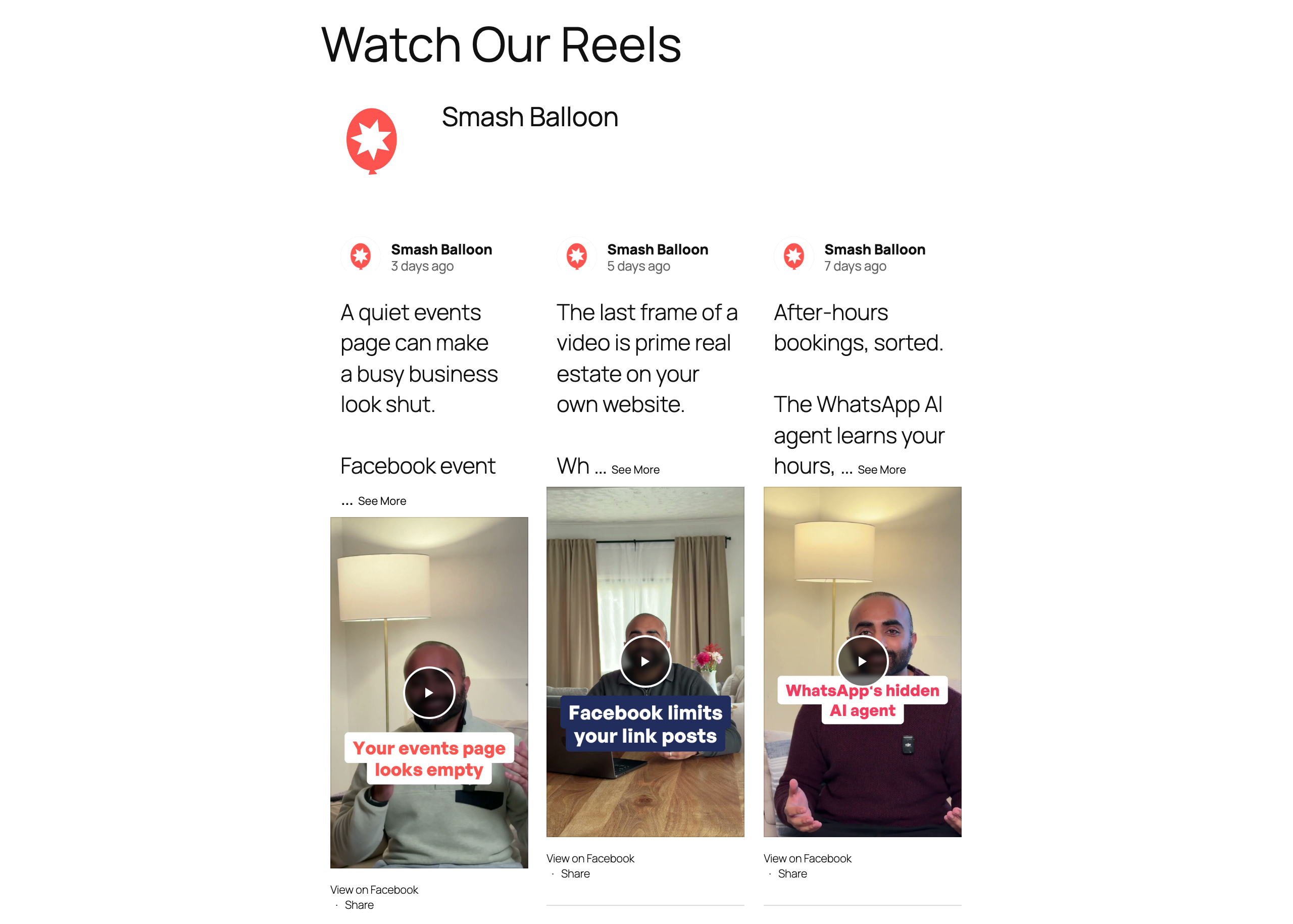 A Facebook feed of Smash Balloon Reels on a WordPress page, showing captions and Reel covers in a three-column grid