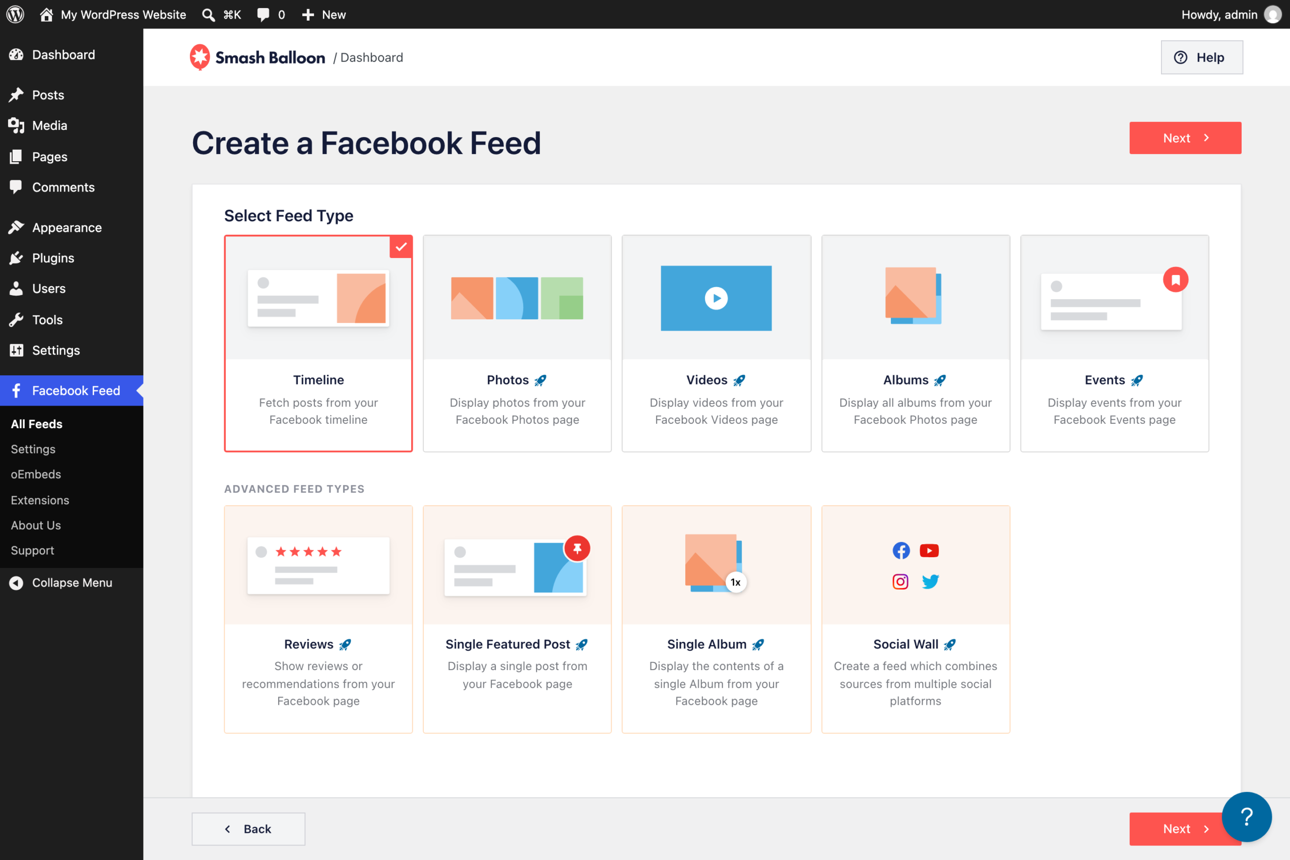 The Create a Facebook Feed screen in Facebook Feed Pro with the Timeline feed type selected