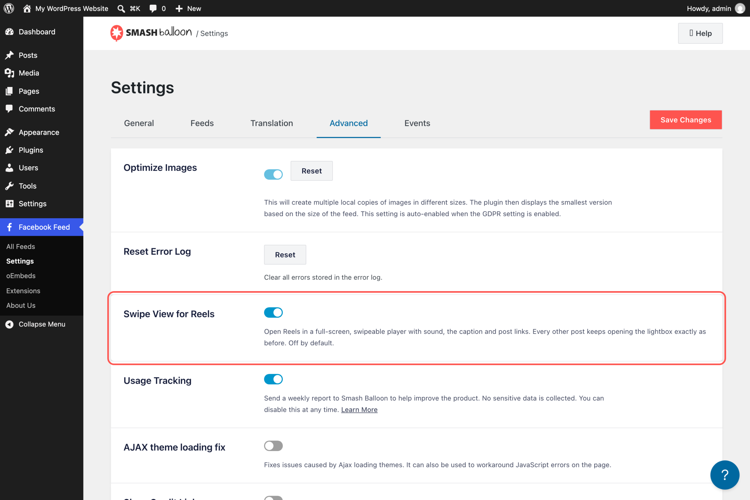 The Advanced tab of Facebook Feed Pro settings with the Swipe View for Reels setting switched on and highlighted