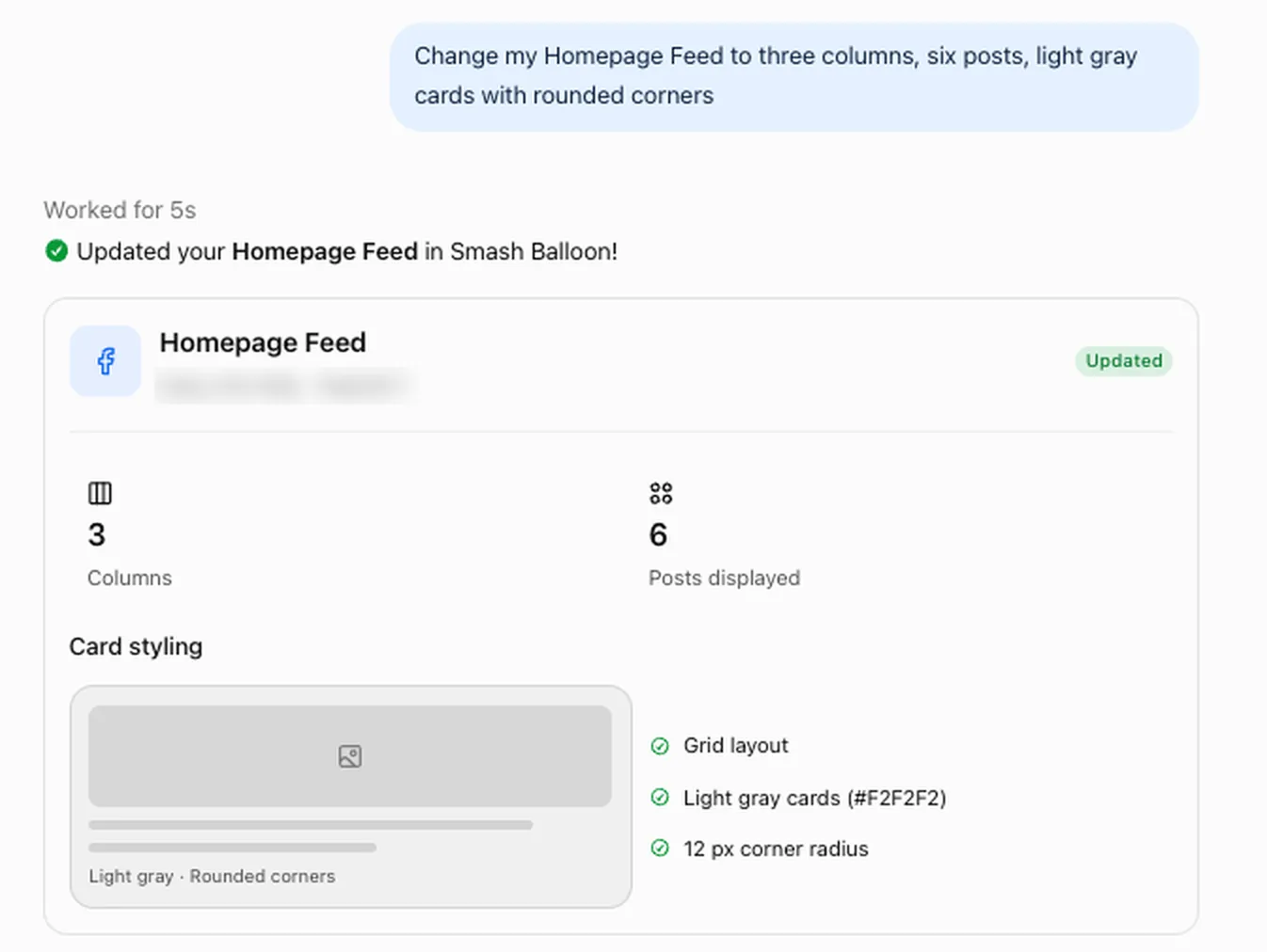 ChatGPT chat using WPVibe: the request to change the Homepage Feed to three columns, six posts, and light gray cards with rounded corners, and the reply confirming the Facebook feed was updated with 3 columns and 6 posts