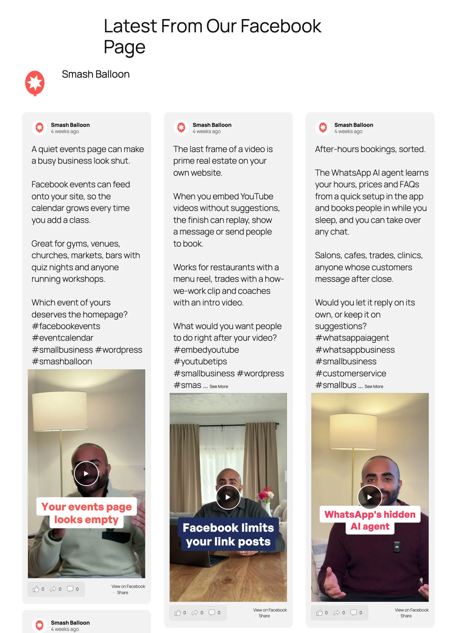 The same Facebook Feed Pro feed after the change: Smash Balloon Reels in three columns of light gray cards with rounded corners, each with its full caption and video thumbnail
