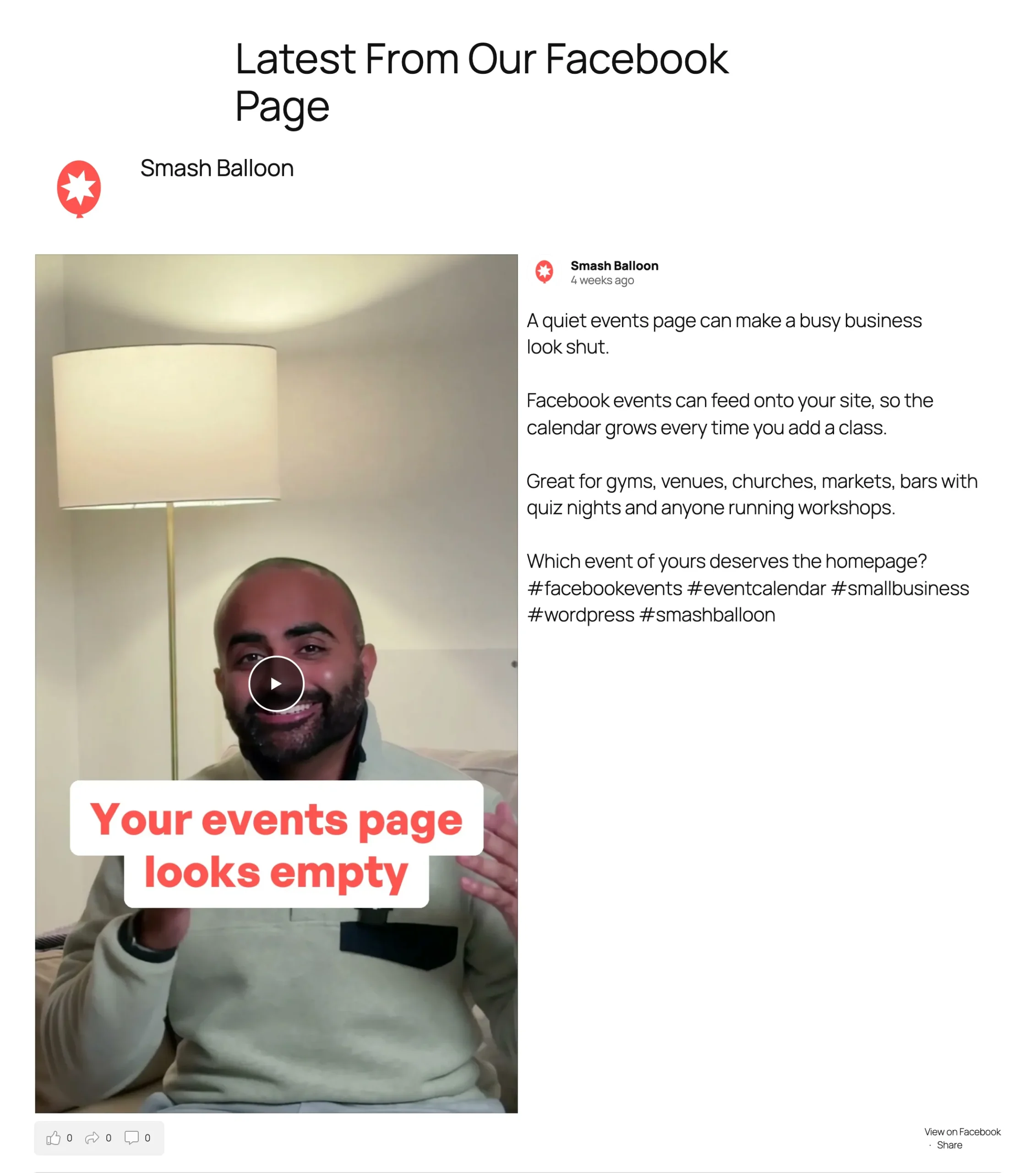 Facebook Feed Pro feed on a WordPress page showing a Smash Balloon Reel with its video thumbnail on the left and the caption on the right, one post per row