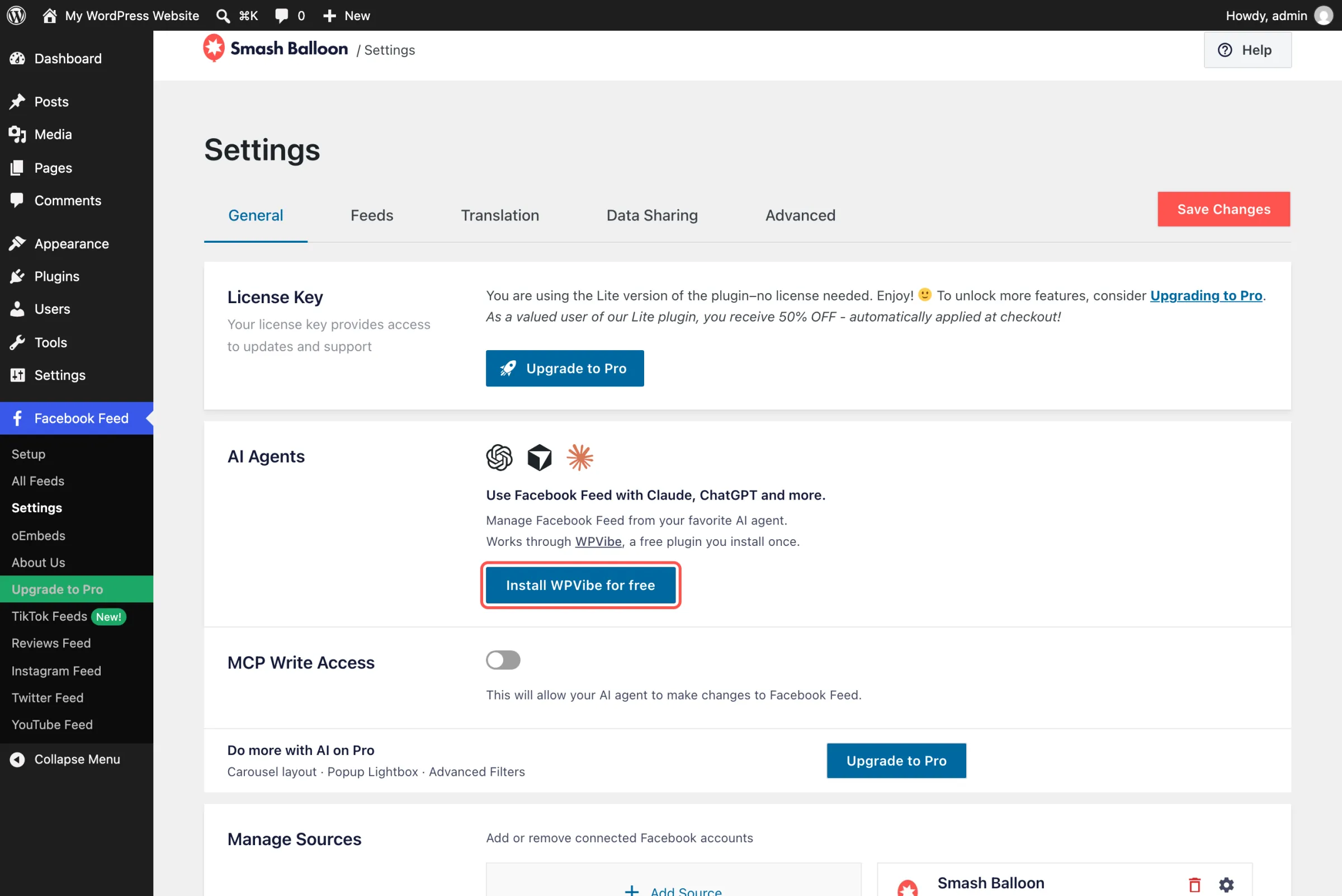 Facebook Feed Settings page in WordPress, General tab, with the Install WPVibe for free button in the AI Agents box highlighted, above the MCP Write Access toggle and the Do more with AI on Pro strip