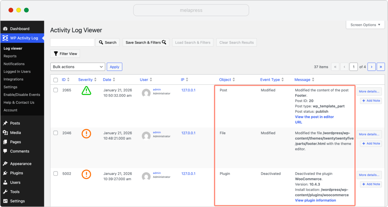 WP Activity Log showing modifications to website footer