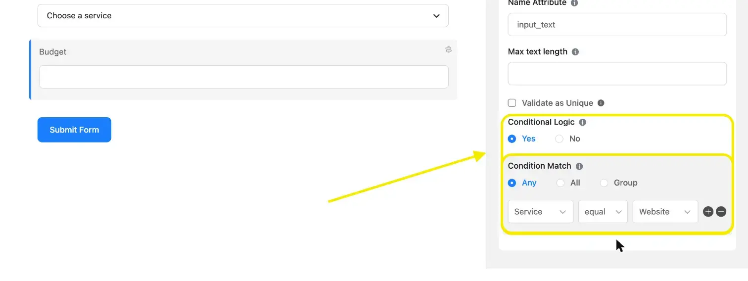 Fluent Forms Budget field with a rule that shows it when Service equals Website