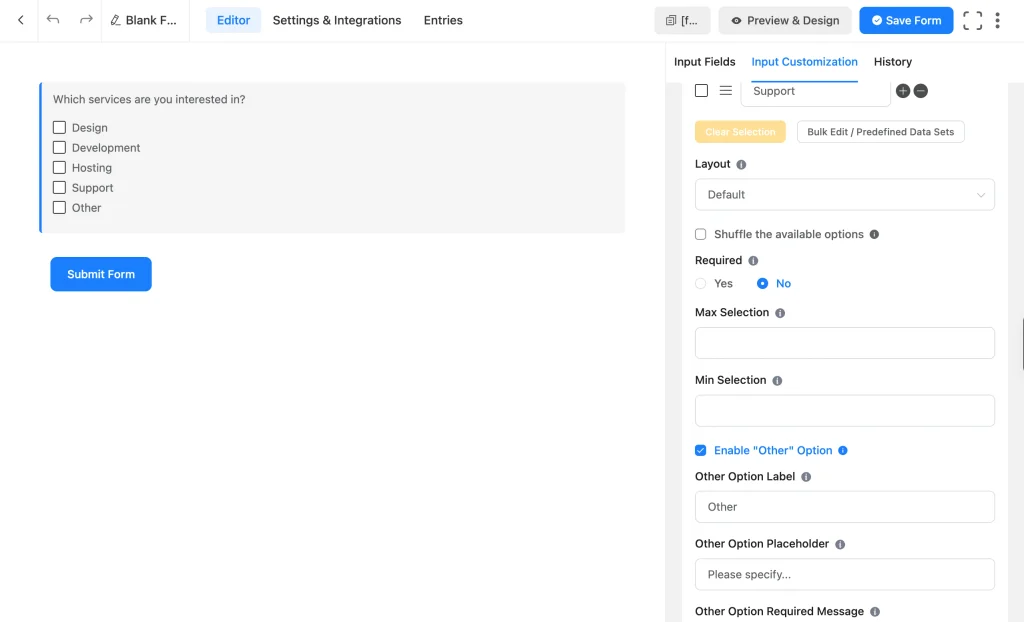 Fluent Forms Checkbox field settings panel showing the Enable 