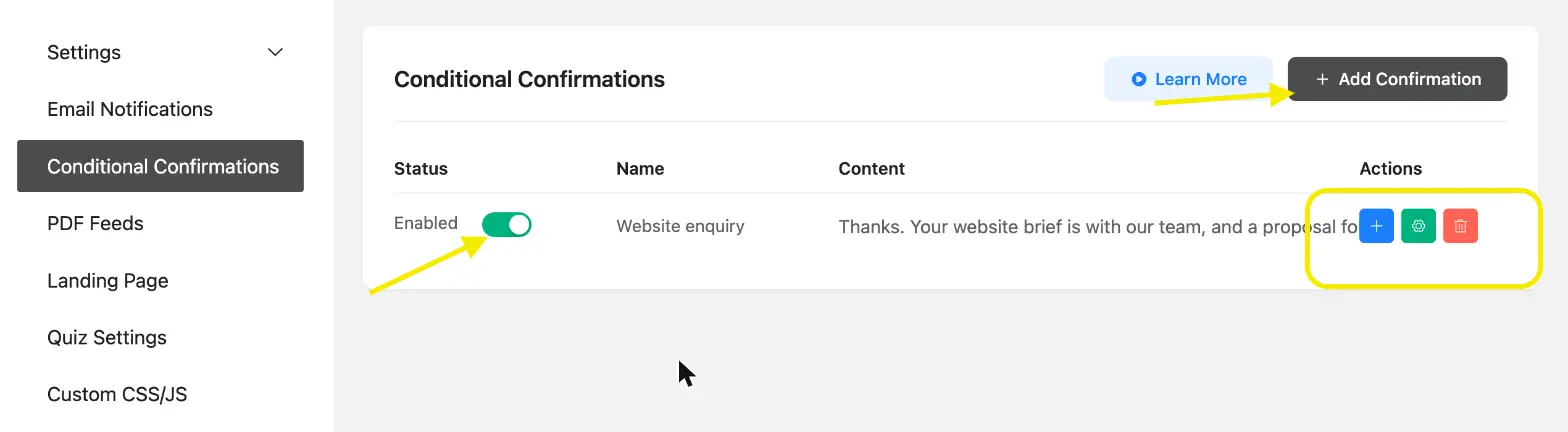 Fluent Forms Conditional Confirmations list with the Website enquiry confirmation enabled