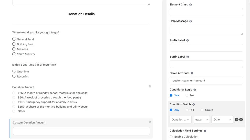 Conditional logic rule in Fluent Forms showing a custom amount field when a donor selects Other