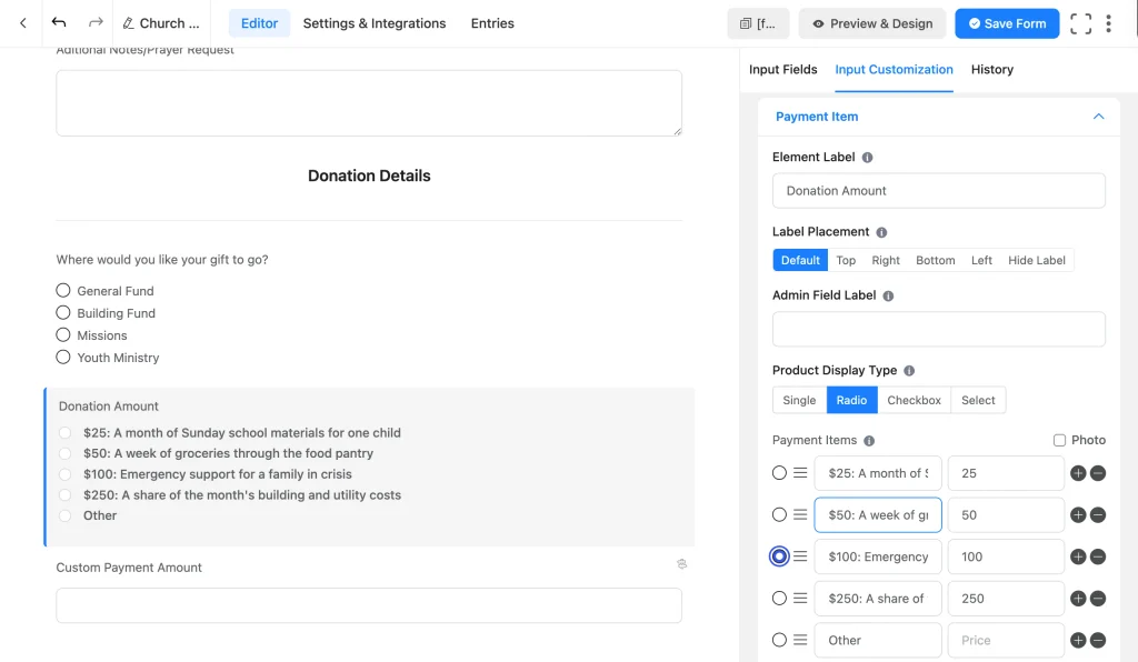 Payment Item field in Fluent Forms showing suggested donation amounts labeled with their impact