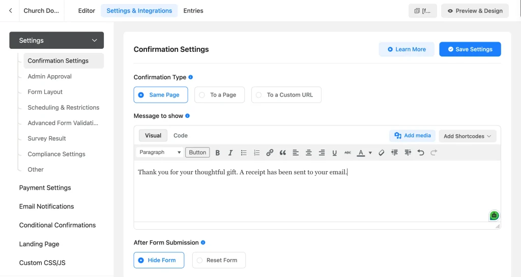 Confirmation message settings in Fluent Forms showing a thank-you note for donors after giving