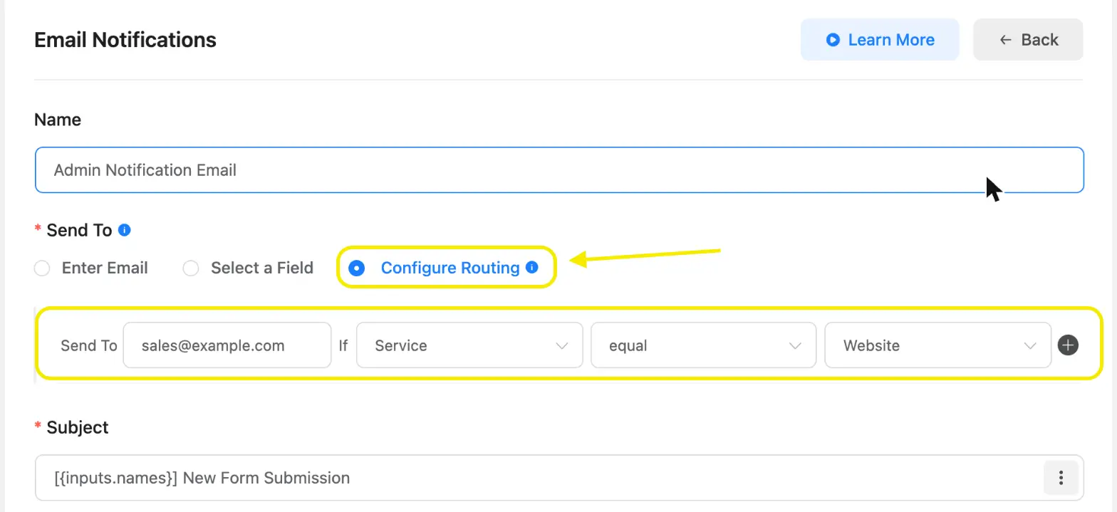 Fluent Forms email notification with Configure Routing sending the Website answer to a sales address