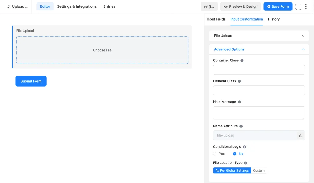 File Upload advanced options in Fluent Forms, including conditional logic and file location type