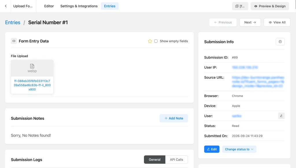 A WebP image uploaded through Fluent Forms, shown in the form entry details