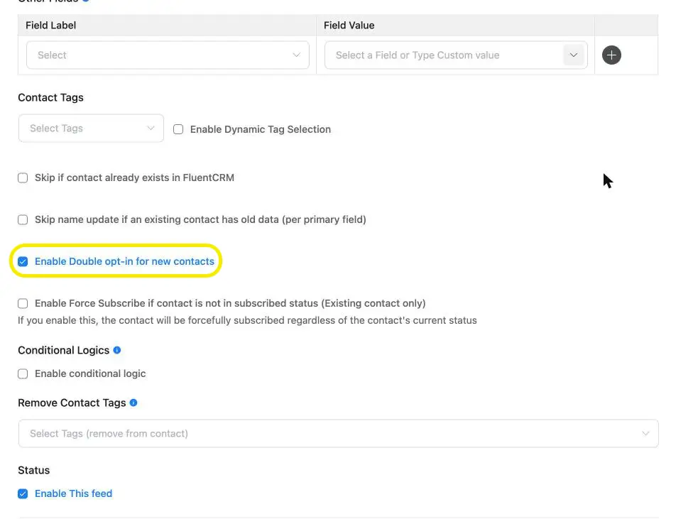 Fluent Forms FluentCRM feed with Enable Double opt-in for new contacts ticked
