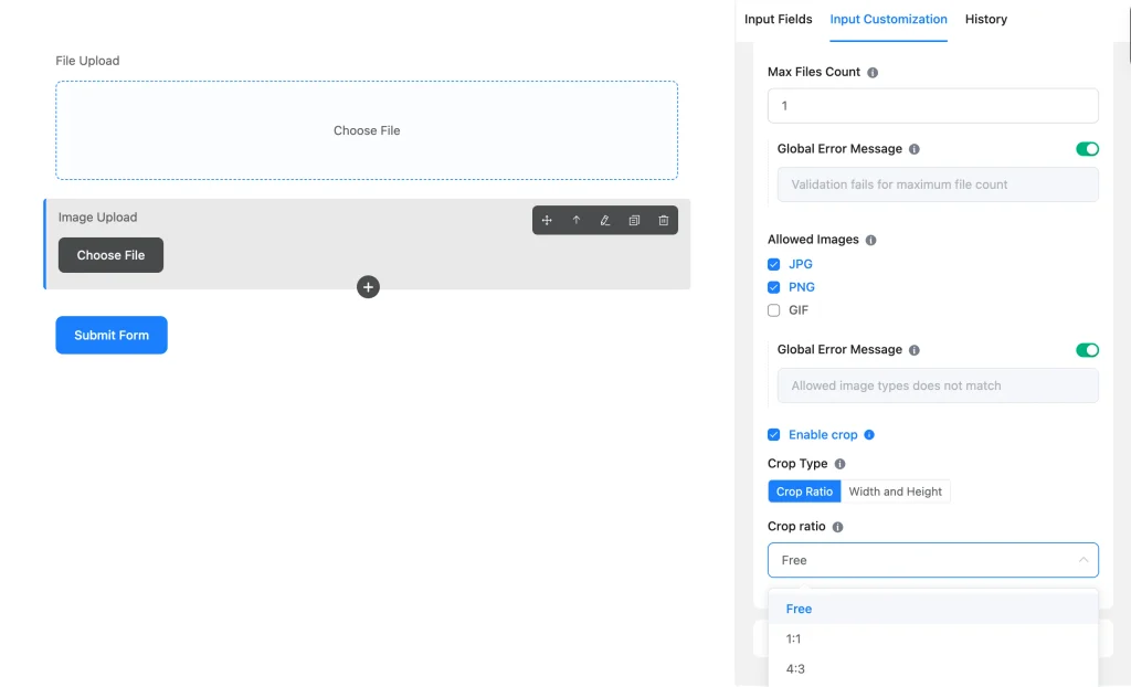Image Upload settings in Fluent Forms with allowed image types and crop ratio options