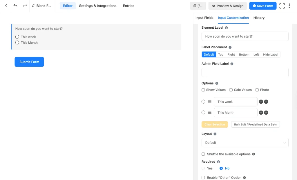 Fluent Forms Radio field settings panel for a 