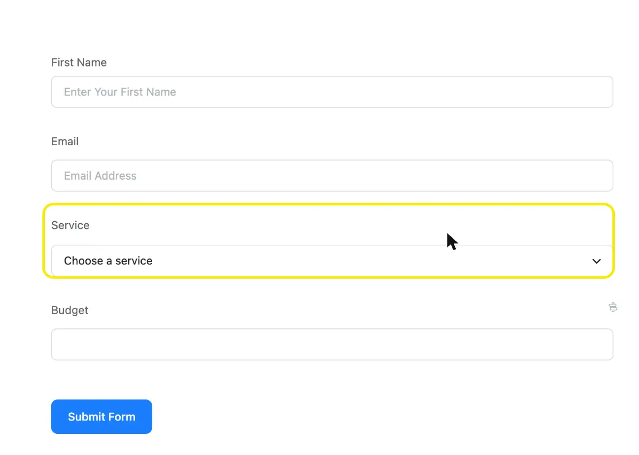 Fluent Forms editor with Name, Email, Service dropdown and Budget fields