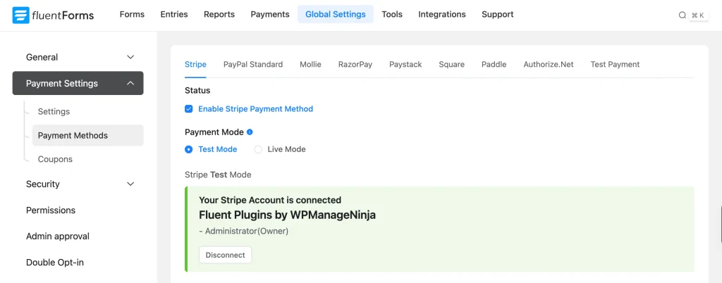 Fluent Forms Global Settings showing Stripe connected alongside other supported payment gateways