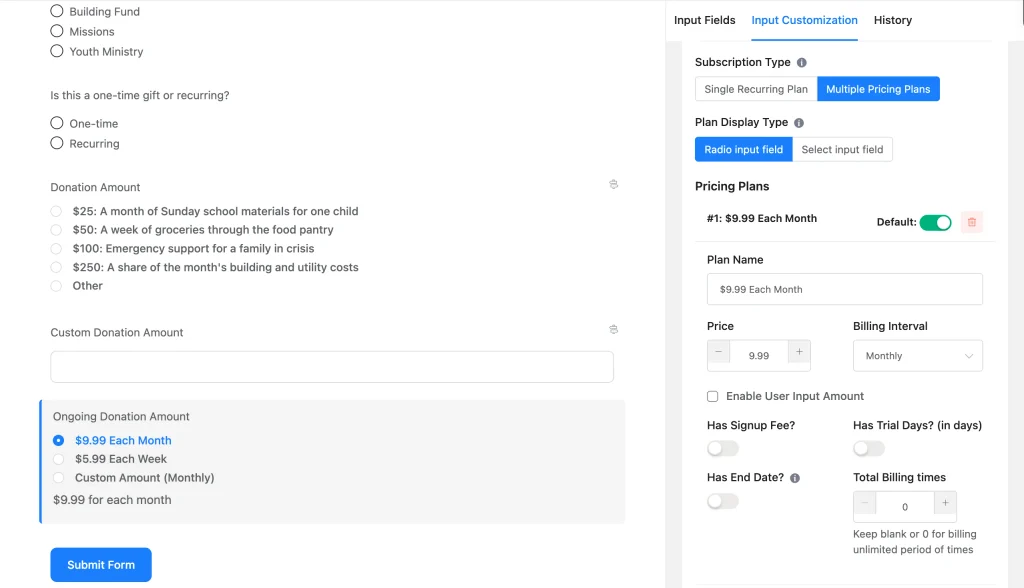 Subscription field in Fluent Forms configured with multiple recurring donation plans