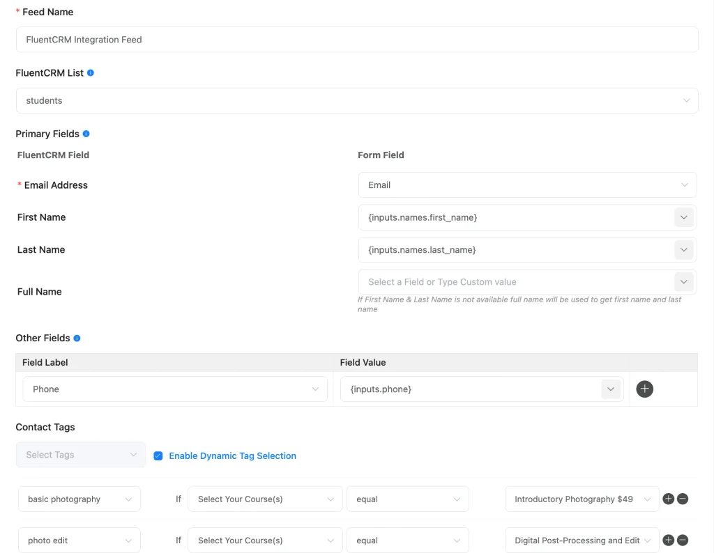 FluentCRM integration feed with Dynamic Tag Selection mapping course options to tags