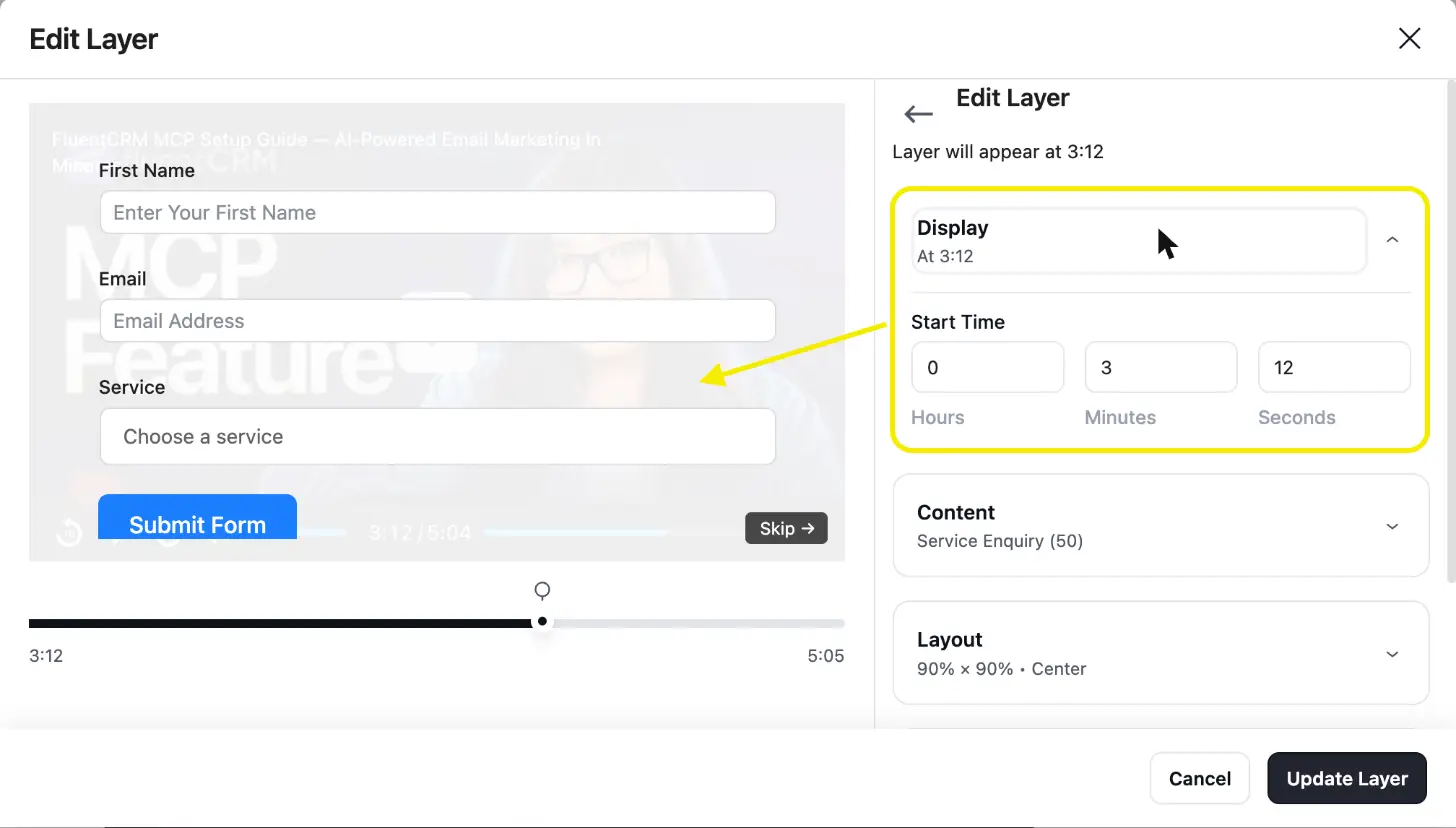 FluentPlayer Manage Layers window with Service Enquiry selected and a 3:12 start time