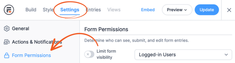 Settings to Form Permissions in your Formidable Form