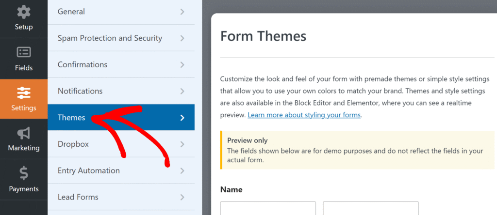 Admin dashboard with left navigation;'Themes' is highlighted in blue and the right pane shows the Form Themes page.