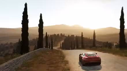 A car drives down a tree-lined sunset Italian road in Forza Horizon 2