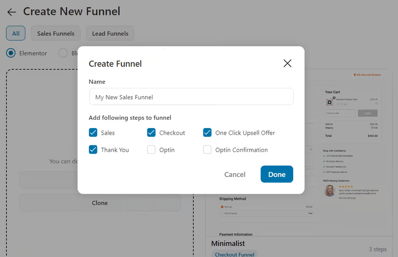 funnelkit create funnel popup with step selection