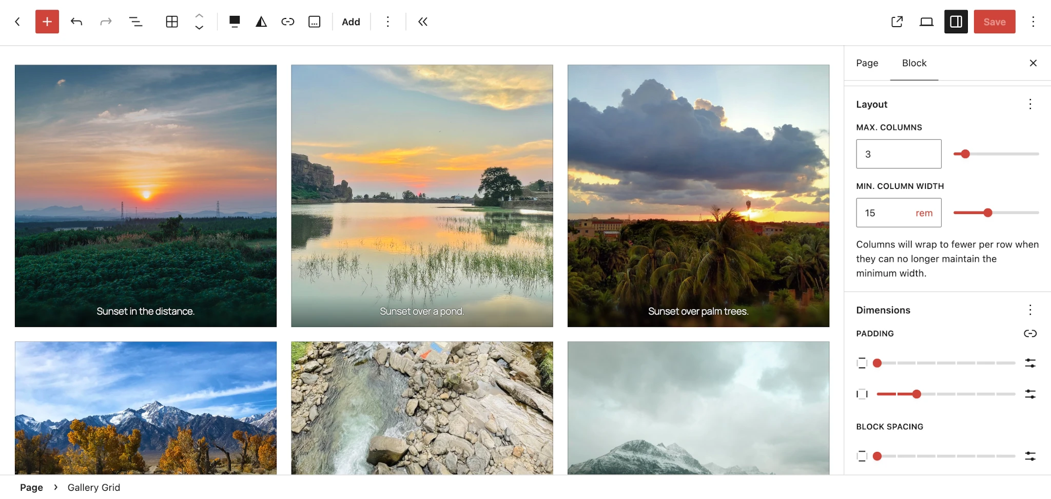 Screenshot of the WordPress post editor with a 6-image gallery. In the sidebar, a new Layout panel appears with column-related inputs.