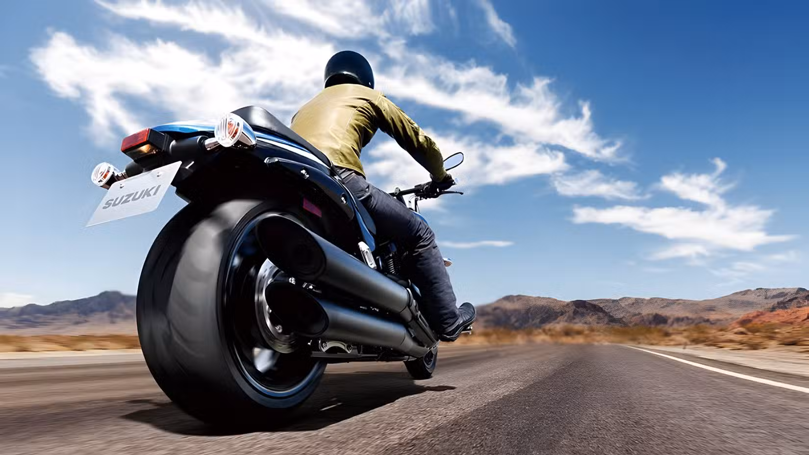 Suzuki Boulevard M109R massive rear tire cinematic close-up shot