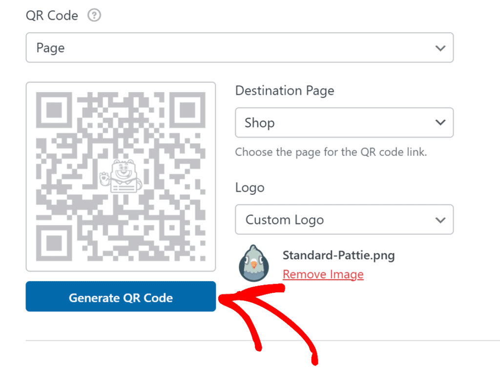 QR code generator interface: sample code preview on the left, destination set to Shop and a Custom Logo on the right, with a Generate QR Code button below.