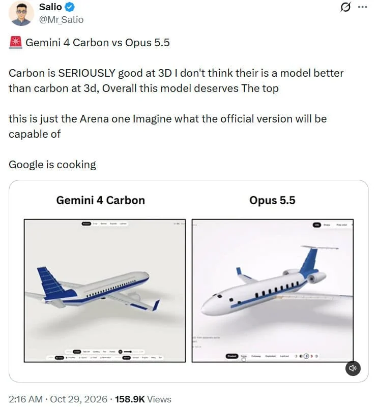 The post compares Google’s Gemini 4 Carbon with Opus 5.5 in a side-by-side video demonstration of complex 3D modeling