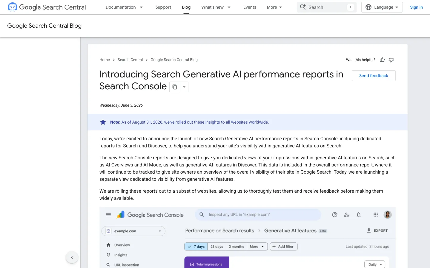 Google Search Central blog post announcing generative AI performance reports in Search Console