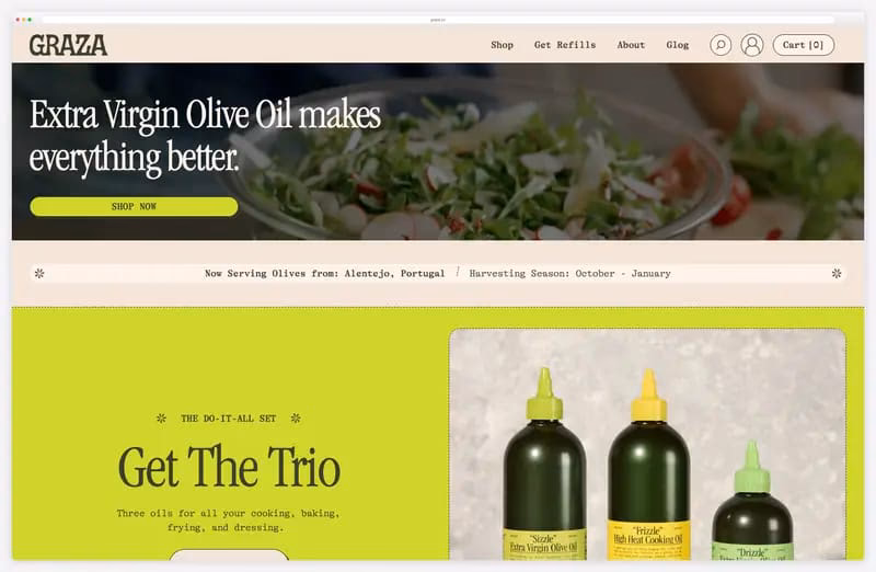 Graza website animation: hand-drawn olives and a falling drop as the page scrolls