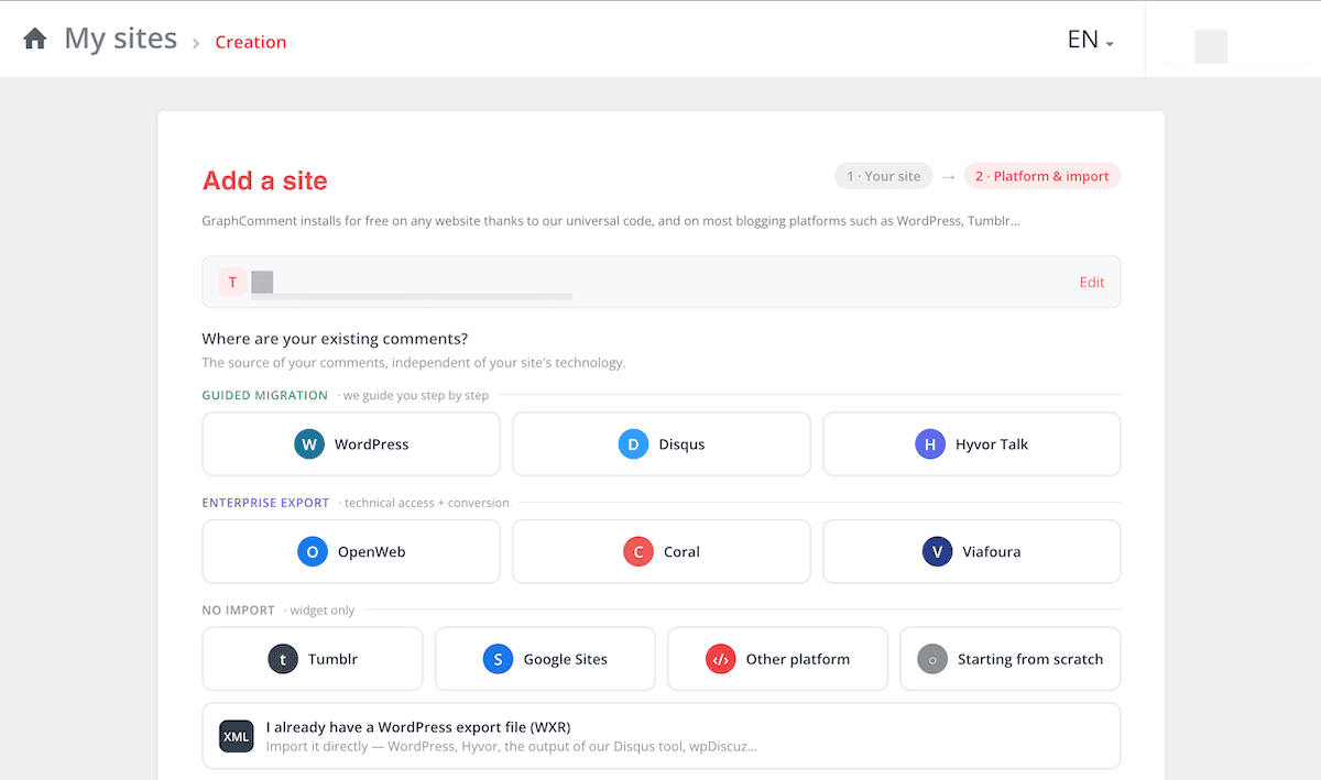 The guided migration setup screen within GraphComment.