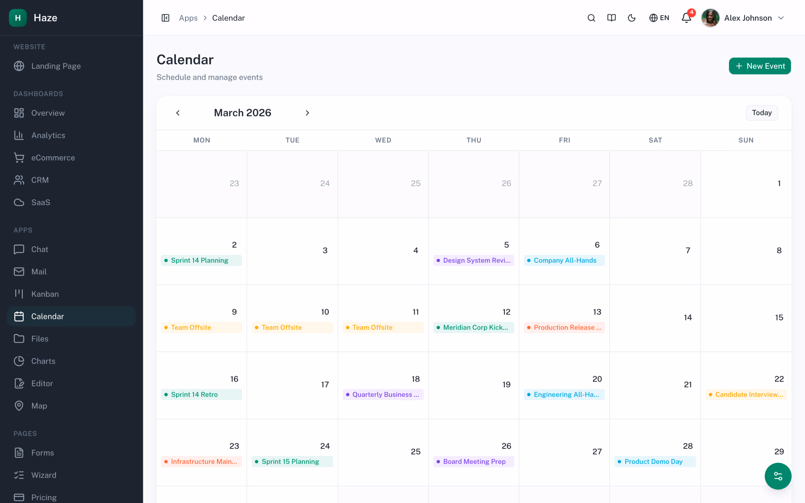 Haze Dashboard calendar with month view, event scheduling, and Tailwind v4 OKLCh utility styling on Next.js 16