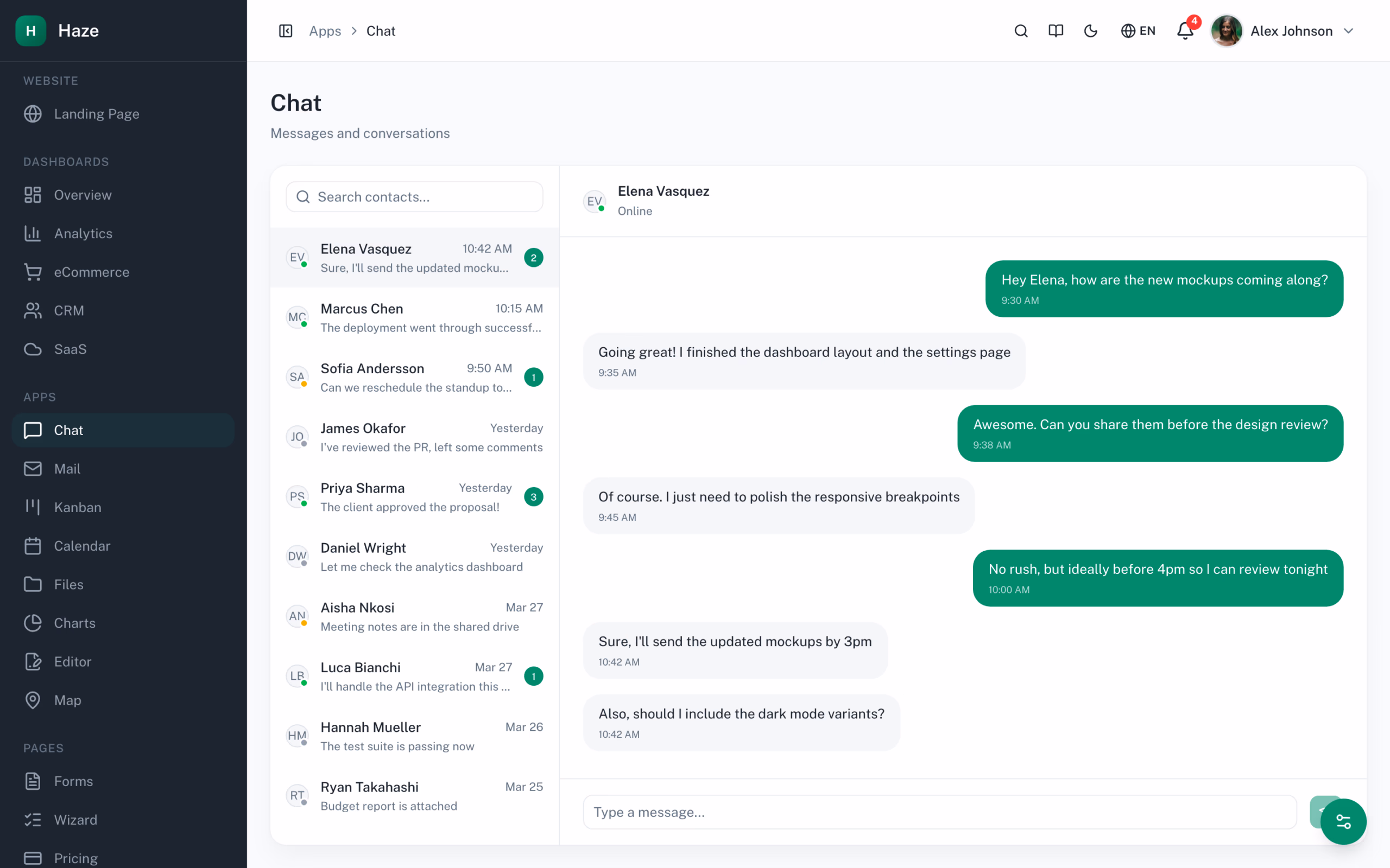 Haze Dashboard chat application with conversation list, message thread, and contact panel on Next.js 16 + shadcn/ui