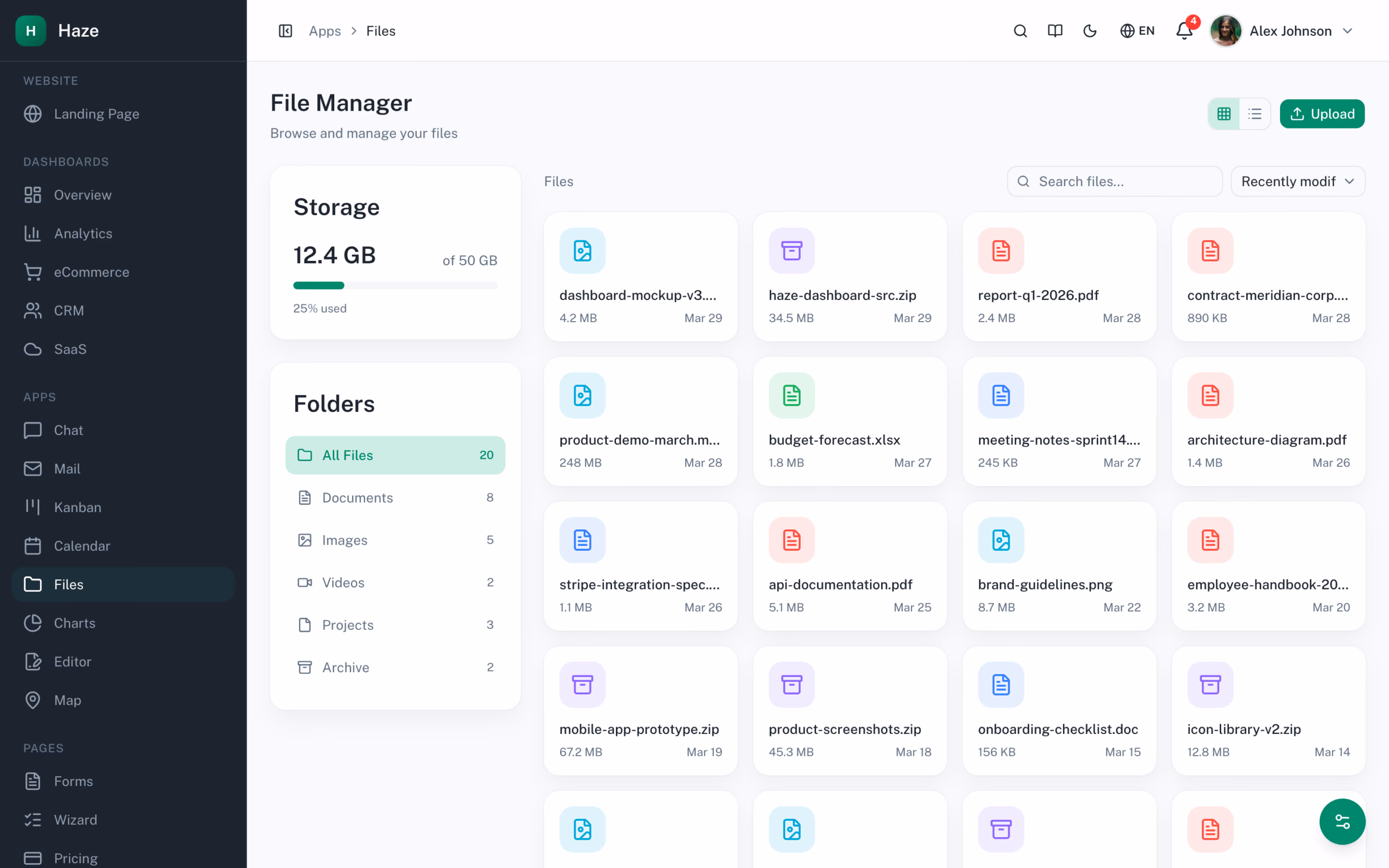 Haze Dashboard file manager with folder grid, storage usage, and Tailwind v4 utility-driven layout on Next.js 16