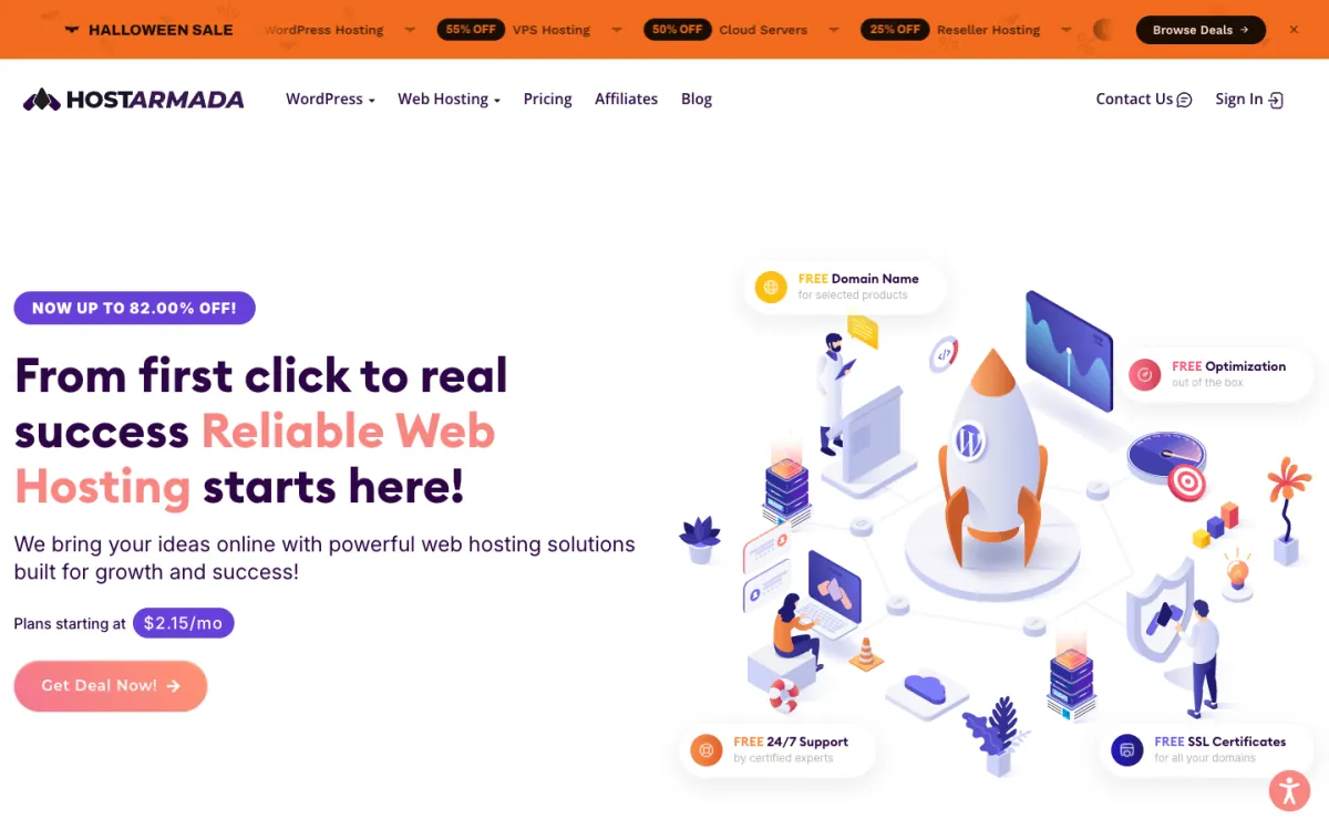 HostArmada homepage with a Halloween sale banner, an up to 82% off badge, and plans starting at $2.15 per month.