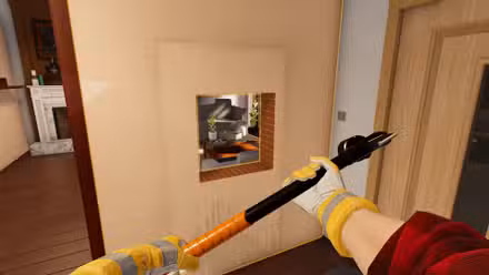First-person perspective as a person wearing gloves hammers out a wall in House Flipper 2