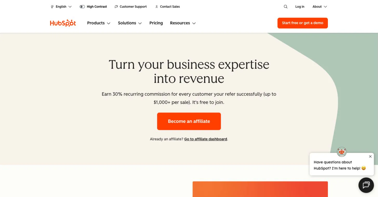 HubSpot affiliate page advertising a 30 percent recurring commission for successful customer referrals.