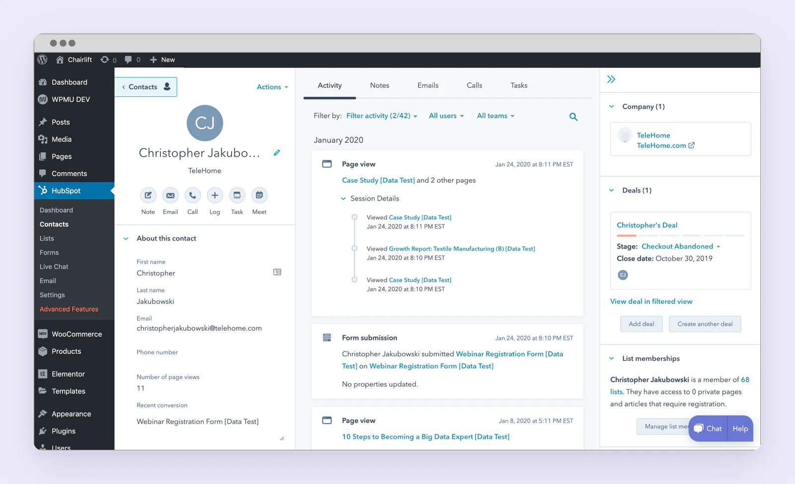 HubSpot contact record in WordPress with an activity timeline of page views and a form submission.