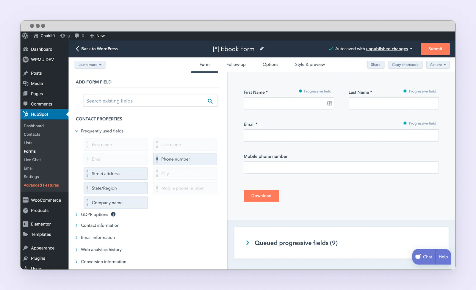 HubSpot form builder inside the WordPress dashboard, adding contact property fields to an ebook download form.
