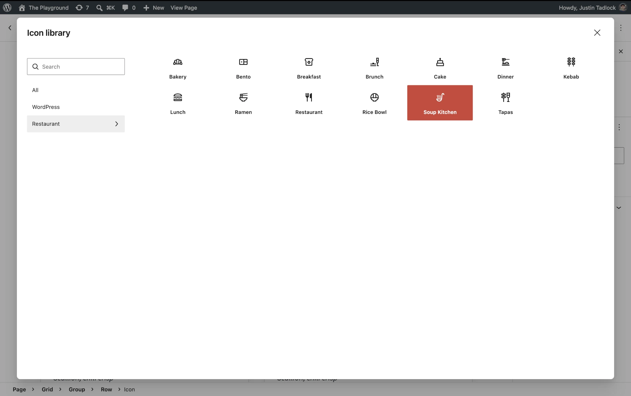 WordPress post editor with an Icon Library modal overlaying the screen. The Restaurant icon collection tab is selected, showing various food-related icons in a grid.