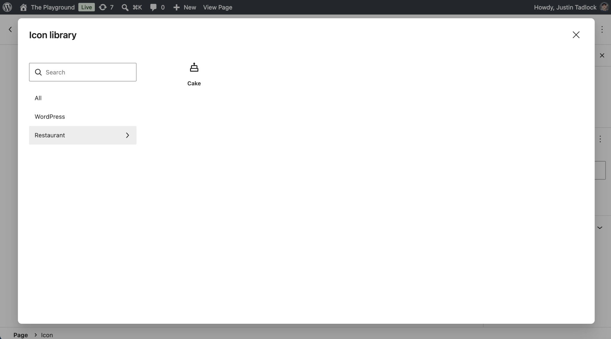 WordPress post editor with an Icon Library modal overlaying the screen. The Restaurant icon collection tab is selected, showing a single Cake icon.