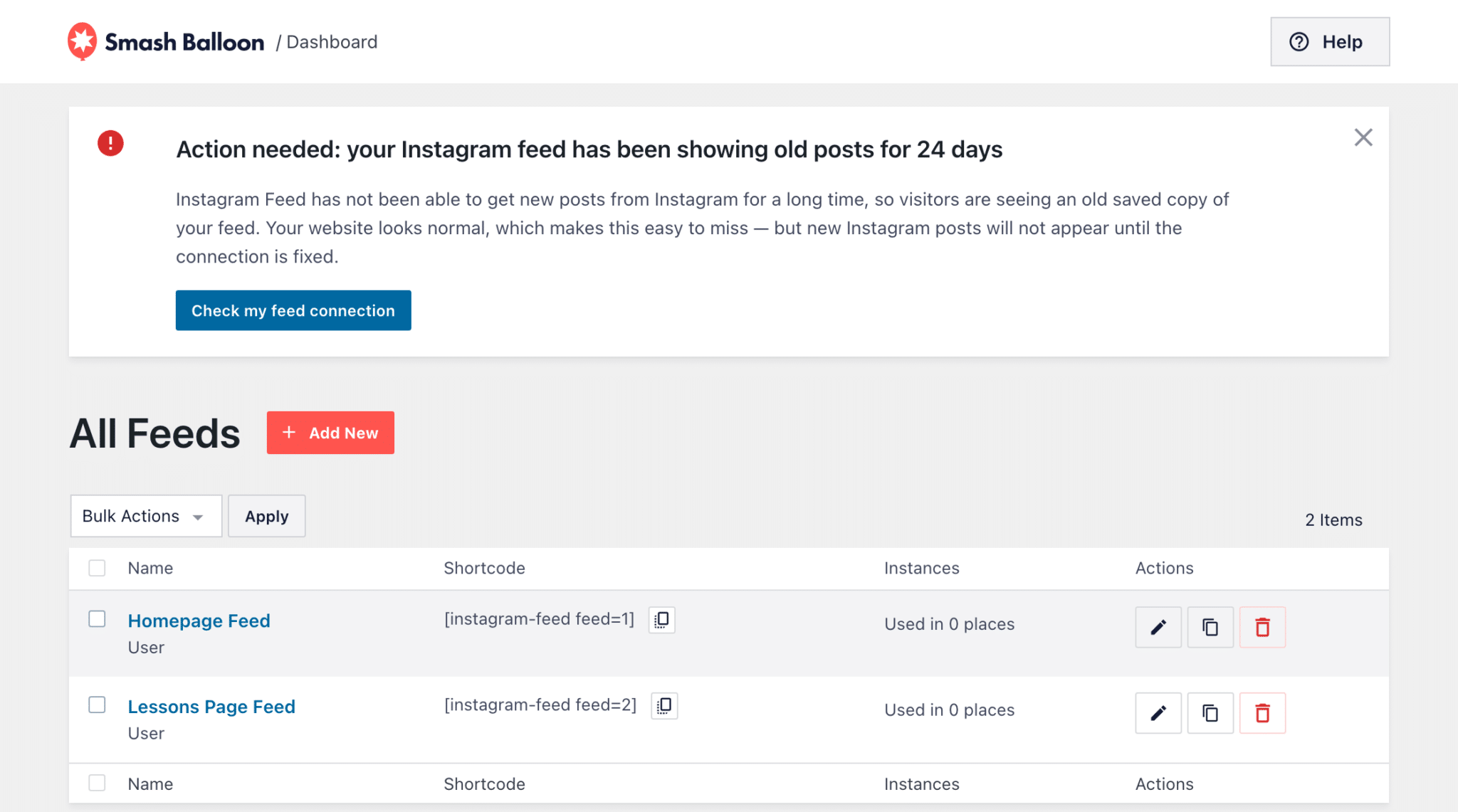 Instagram Feed All Feeds screen with the notice: Action needed: your Instagram feed has been showing old posts for 24 days