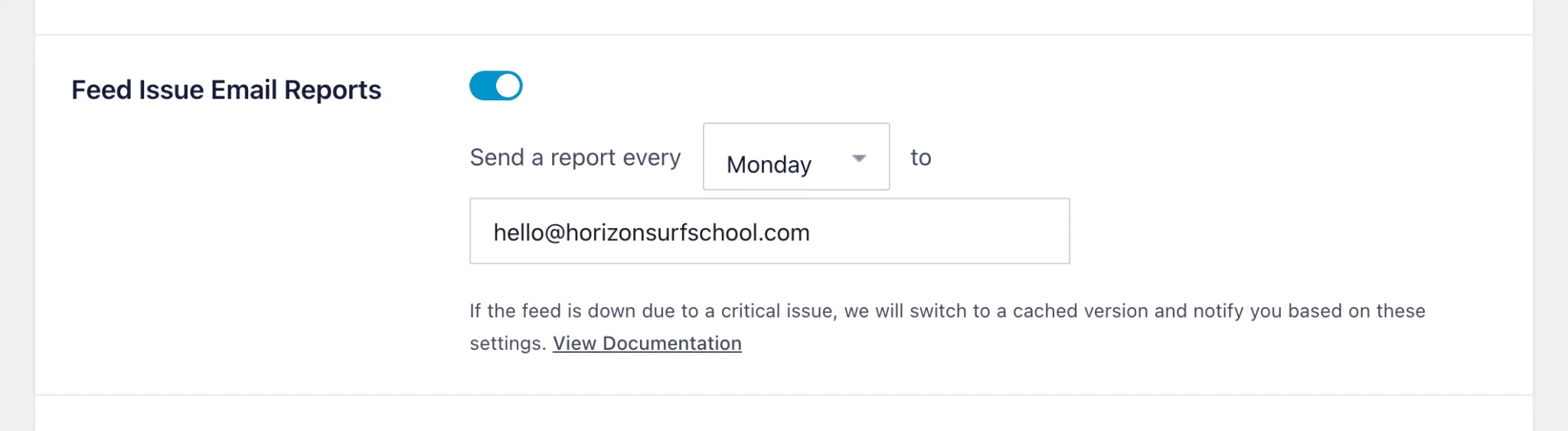 Feed Issue Email Reports setting in Instagram Feed's Advanced settings, set to send a report every Monday to a chosen email address